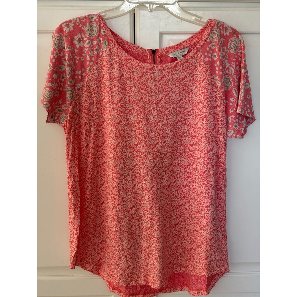 Lucky Brand Womens Coral Pink Mixed Floral Paisley Back Zip Top Large